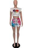 White Fashion Casual Lips Printed Basic O Neck Sleeveless Two Pieces