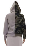 Gray Green Fashion Casual Camouflage Print Patchwork Hooded Collar Outerwear