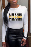White Fashion Casual Letter Print Basic O Neck Tops