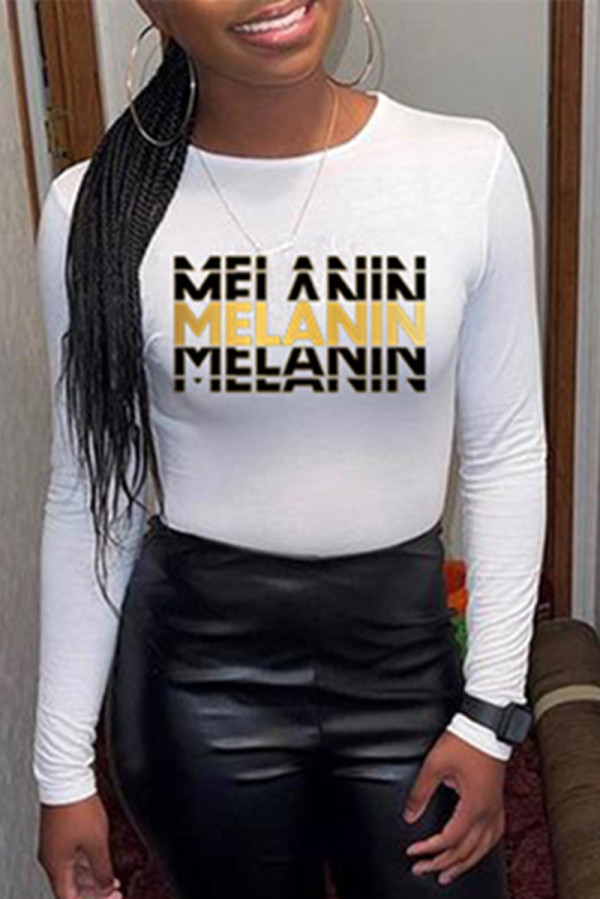 White Fashion Casual Letter Print Basic O Neck Tops