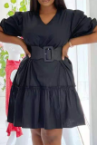 Rose Red Casual Solid Patchwork V Neck Cake Skirt Dresses