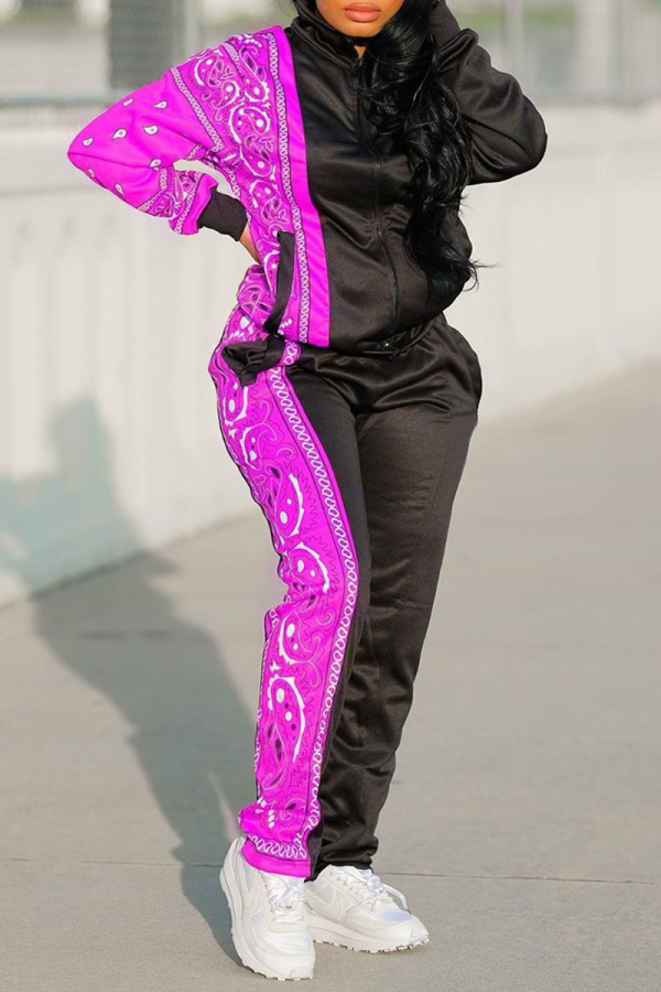 Purple Casual Print Patchwork Turndown Collar Long Sleeve Two Pieces