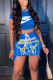 Blue Casual Print Patchwork Asymmetrical O Neck Short Sleeve Two Pieces