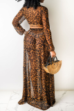 Leopard Print Sexy Leopard Split Joint V Neck Long Sleeve Two Pieces