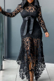Blue Sexy Solid Lace O Neck Irregular Dress Dresses