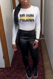 White Fashion Casual Letter Print Basic O Neck Tops