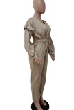 Khaki Casual Solid Split Joint Fold V Neck Straight Jumpsuits