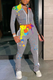 Grey Casual Patchwork Tie-dye Turndown Collar Long Sleeve Two Pieces