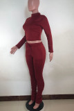 Burgundy Casual Solid Split Joint Half A Turtleneck Long Sleeve Two Pieces