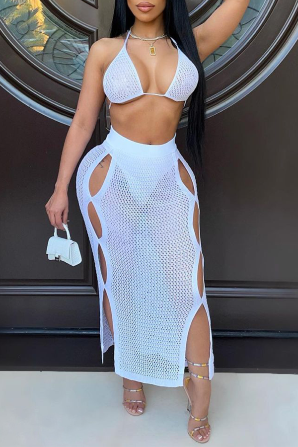 White Sexy Solid Hollowed Out Patchwork Swimwears