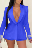 Blue Fashion Casual Patchwork Tassel Turndown Collar Long Sleeve Two Pieces