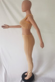 Apricot Sexy Casual Solid Hollowed Out Backless One Shoulder Sleeveless Two Pieces