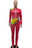 Grey Casual Patchwork Tie-dye Turndown Collar Long Sleeve Two Pieces