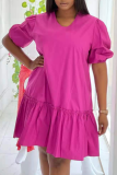 Rose Red Casual Solid Patchwork V Neck Cake Skirt Dresses