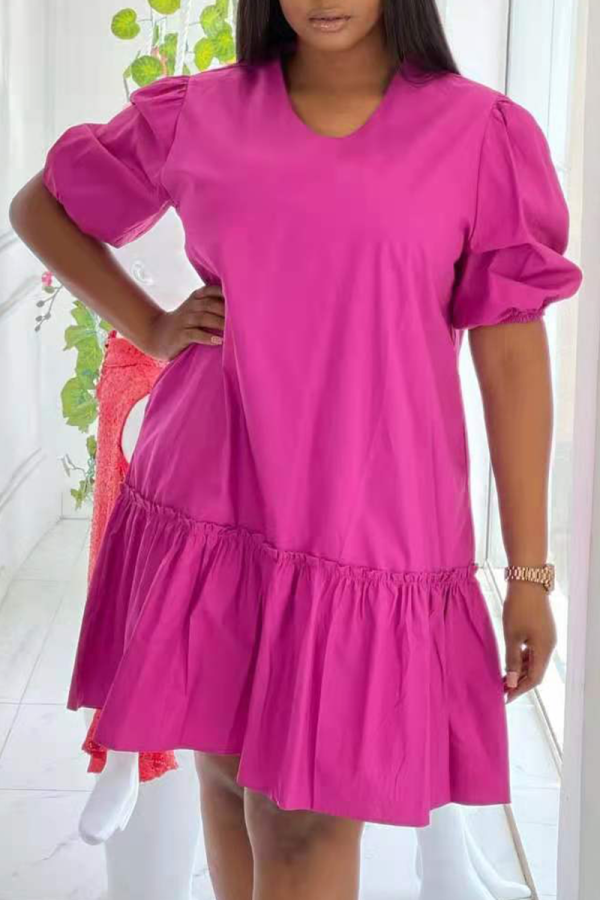 Rose Red Casual Solid Patchwork V Neck Cake Skirt Dresses