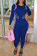 Blue Sexy Solid Split Joint O Neck Skinny Jumpsuits