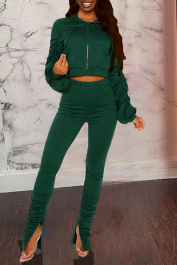 Green Casual Solid Patchwork Fold Hooded Collar Long Sleeve Two Pieces