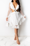 White Sexy Print Mesh V Neck Cake Skirt Dresses