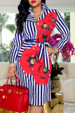 Blue Casual Print Patchwork Turndown Collar Shirt Dress Dresses
