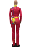 Grey Casual Patchwork Tie-dye Turndown Collar Long Sleeve Two Pieces