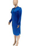 Blue Casual Solid Patchwork Slit Hooded Collar Straight Dresses