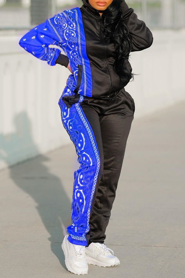 Blue Casual Print Patchwork Turndown Collar Long Sleeve Two Pieces