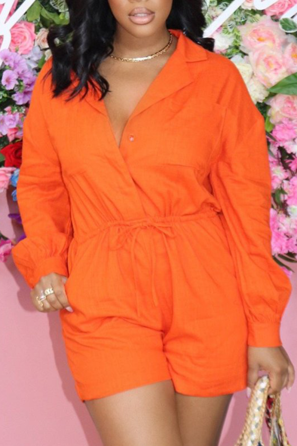 Orange Casual Solid Patchwork V Neck Regular Rompers