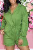 Green Casual Solid Patchwork V Neck Regular Rompers