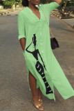 Green Fashion Cap Sleeve Long Sleeves V Neck Step Skirt Mid-Calf Print