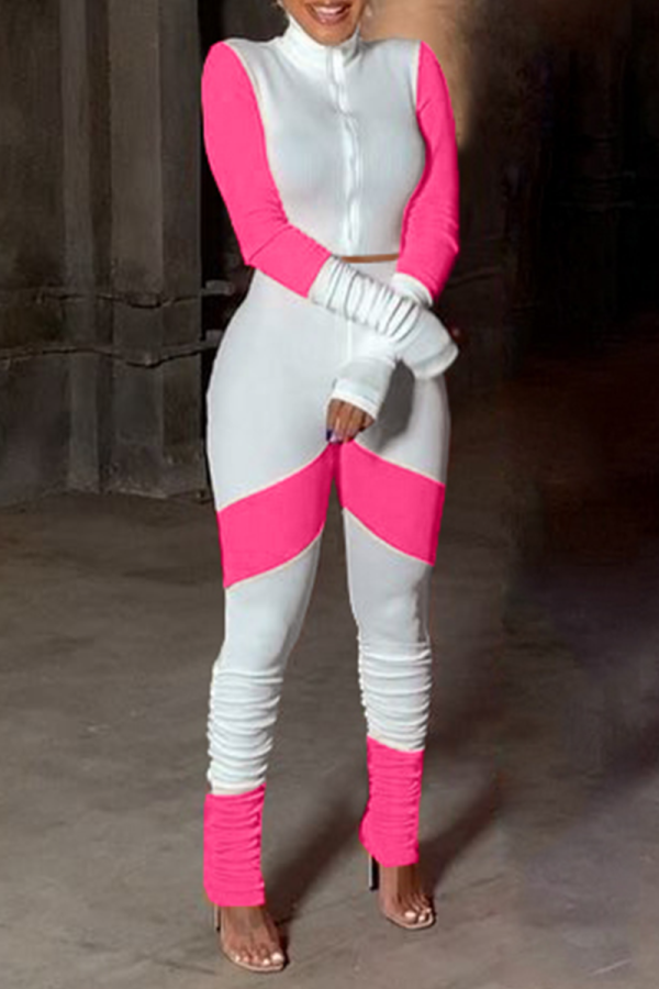 Pink Casual Solid Patchwork Half A Turtleneck Long Sleeve Two Pieces