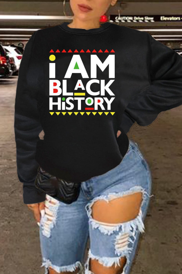 Black Fashion Casual Letter Print Basic O Neck Tops