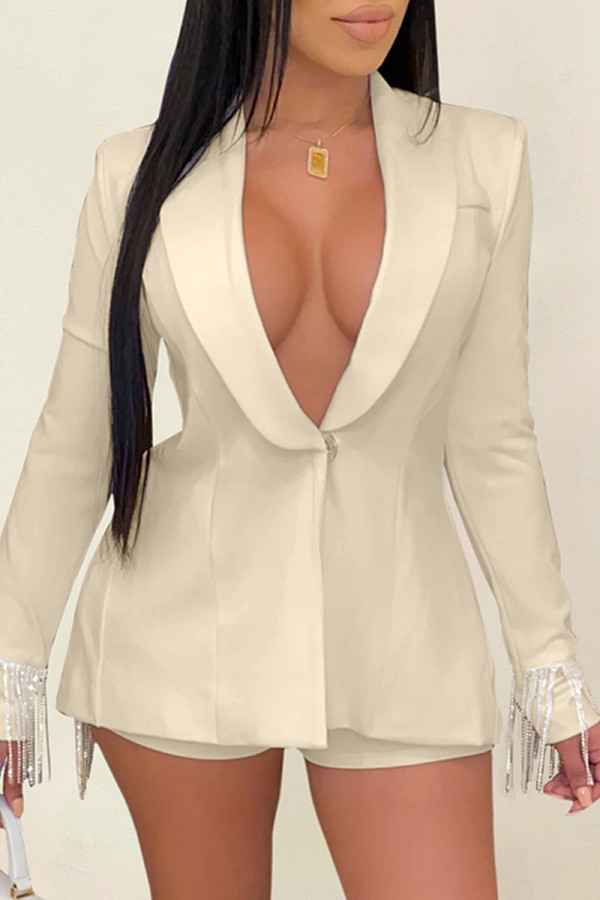 Apricot Fashion Casual Patchwork Tassel Turndown Collar Long Sleeve Two Pieces