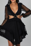White Sexy Print Mesh V Neck Cake Skirt Dresses