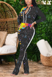 Grey Casual Patchwork Tie-dye Turndown Collar Long Sleeve Two Pieces