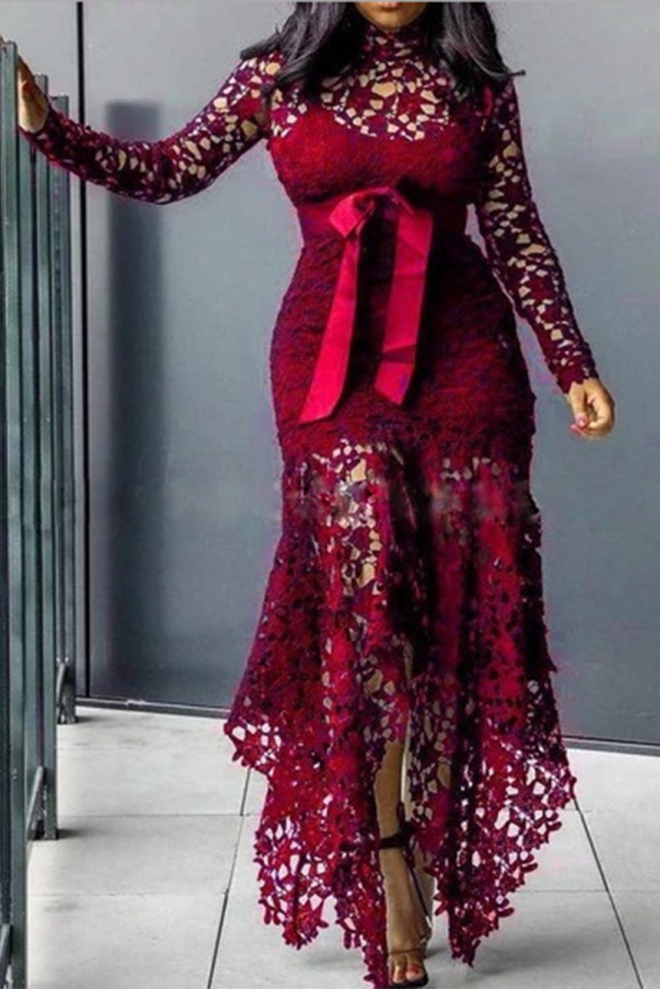 Burgundy Sexy Solid Lace O Neck Irregular Dress Dresses