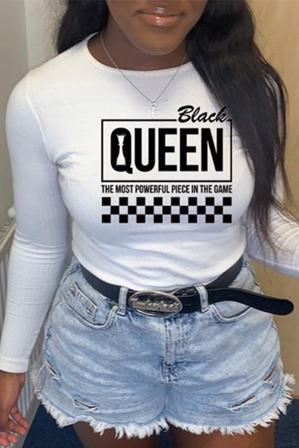 White Fashion Casual Print Basic O Neck T-Shirts
