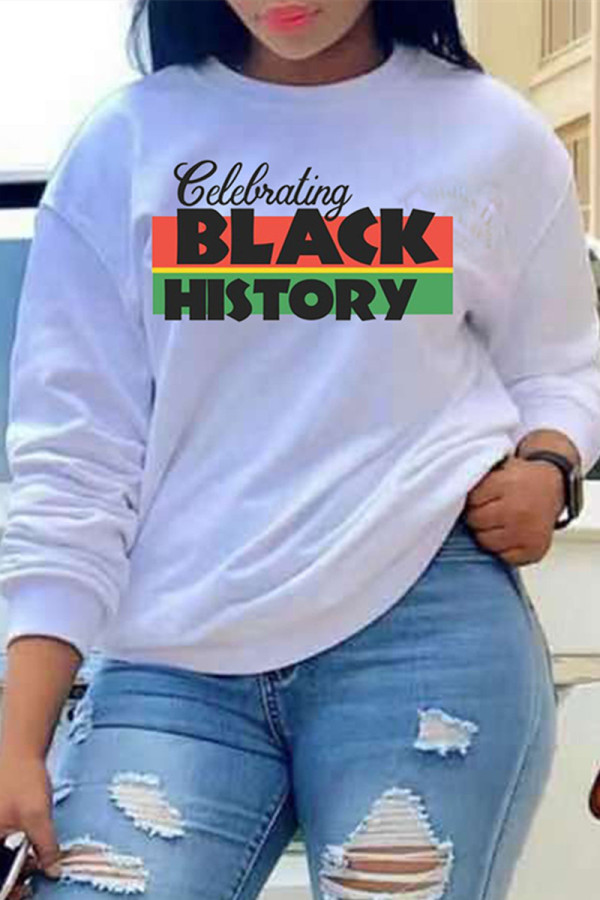 White Fashion Casual Letter Print Basic O Neck Tops