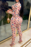 Pink Fashion Sexy Butterfly Print Split Joint Zipper Collar Skinny Jumpsuits