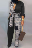 Black Casual Print Patchwork Buckle Turndown Collar Straight Jumpsuits