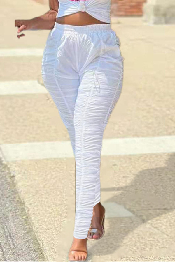 White Casual Solid Patchwork Fold Skinny High Waist Pencil Solid Color Bottoms