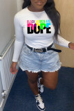 White Fashion Casual Letter Print Basic O Neck Tops