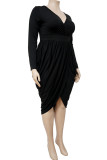 Black Casual Solid Split Joint Asymmetrical V Neck Long Sleeve Plus Size Dresses