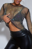 Black Sexy Solid Mesh O Neck Tops