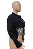 Black Casual Solid Patchwork Turndown Collar Long Sleeve Skinny Denim Jacket