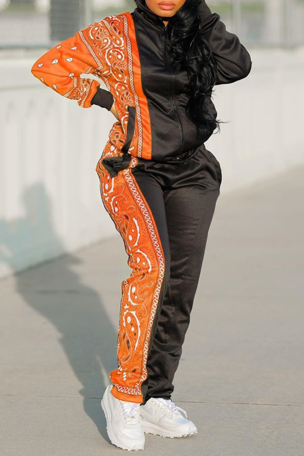Tangerine Red Casual Print Patchwork Turndown Collar Long Sleeve Two Pieces