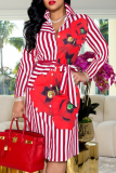 Red Casual Print Patchwork Turndown Collar Shirt Dress Dresses