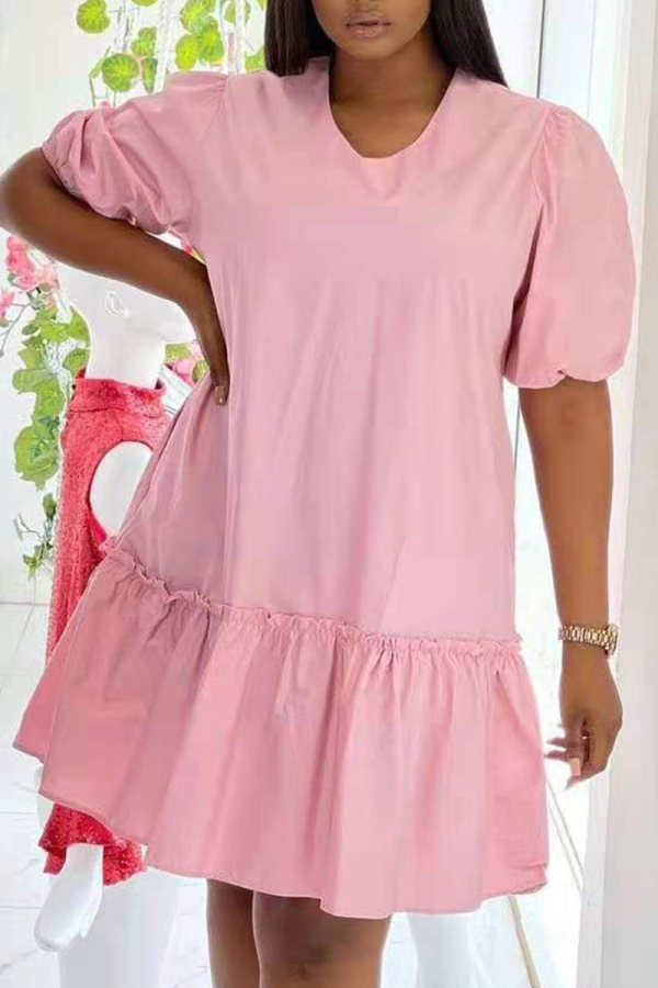 Pink Casual Solid Patchwork V Neck Cake Skirt Dresses