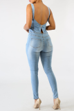 Baby Blue Casual Solid Split Joint Spaghetti Strap Skinny Jumpsuits