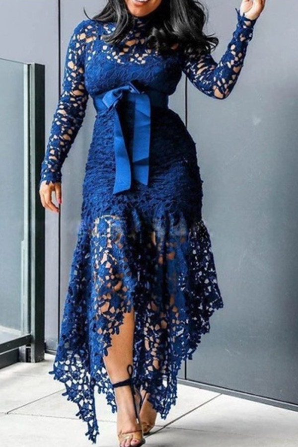 Blue Sexy Solid Lace O Neck Irregular Dress Dresses