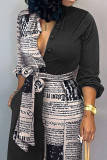 Black Casual Print Patchwork Buckle Turndown Collar Straight Jumpsuits